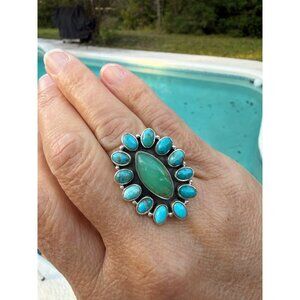 Artisan Sterling Silver Turquoise Peridot Cluster statement Ring 11 Southwest 9